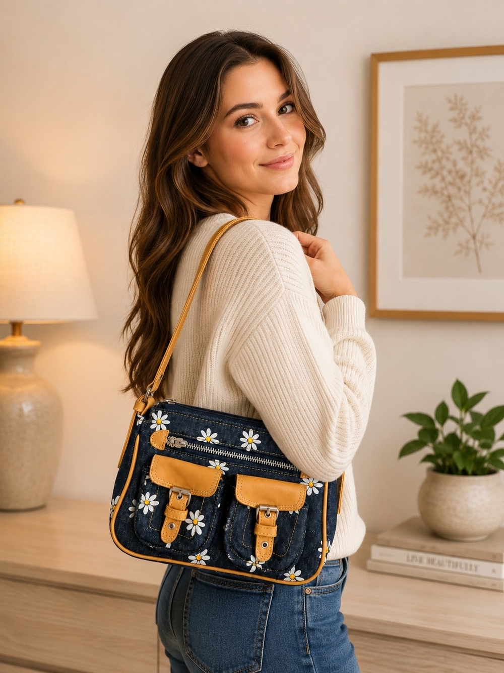 Women’s Navy Daisy Print Shoulder Bag with Tan Trim